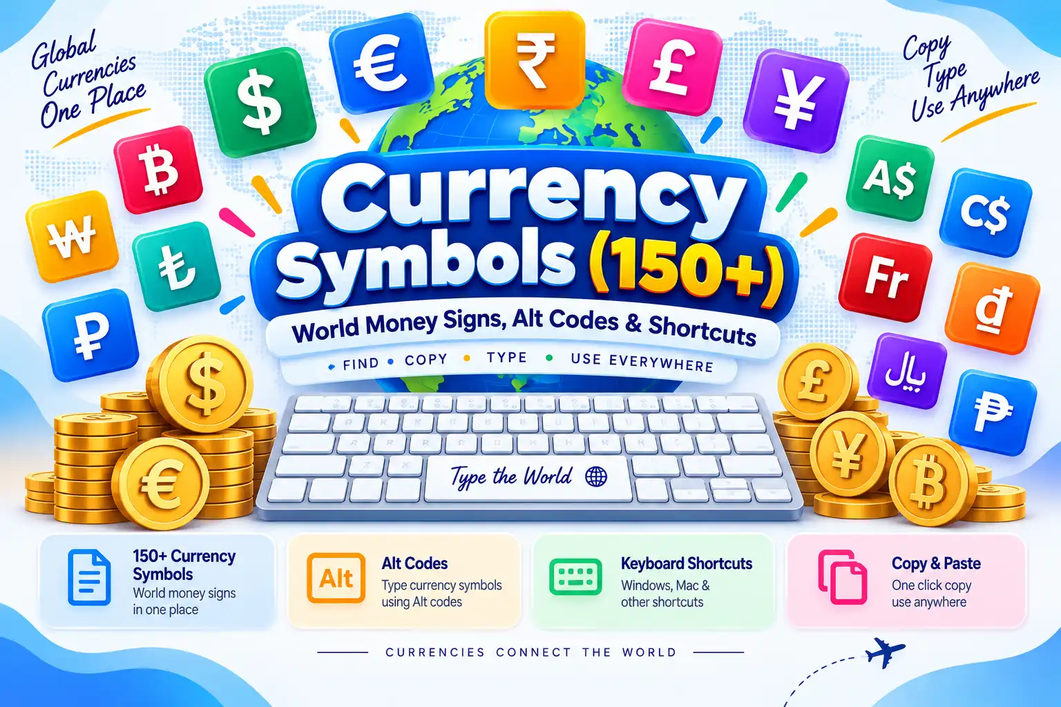Currency Symbols Directory — Dollar, Euro, Pound, Yen, Rupee, Bitcoin Alt Codes and Shortcuts